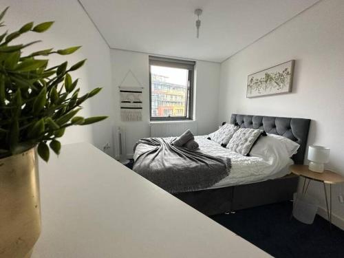 a bedroom with a bed and a potted plant at Luxurious Central London 1 Bed - Lake View in London