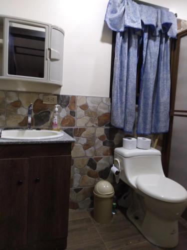 a bathroom with a toilet and a sink and a microwave at Rancho Valle del Rio in Cuenca