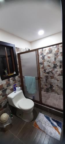 a bathroom with a toilet and a stone wall at Rancho Valle del Rio in Cuenca