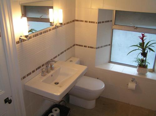 La salle de bains est pourvue d'un lavabo, de toilettes et d'une fenêtre. dans l'établissement Fishermen's Rest, à Fermoy