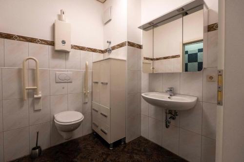 uma casa de banho branca com um WC e um lavatório em Exklusive Stadtwohnung im EG em Bad Lippspringe