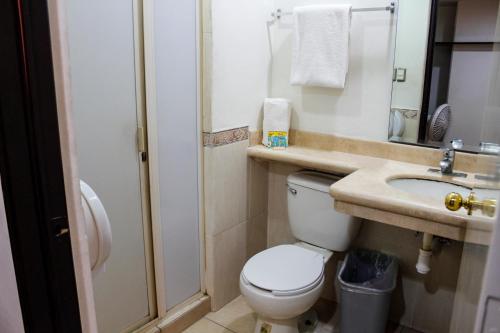 a small bathroom with a toilet and a sink at Hotel Montreal in León