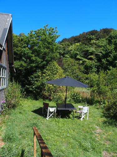 a table and two chairs and an umbrella in the grass at Woodland eco retreat in Parapara 