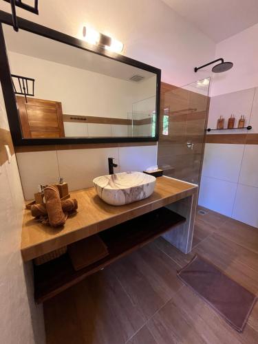 a bathroom with a sink and a large mirror at Luxury Apartment at Lipah Beach in Ambat