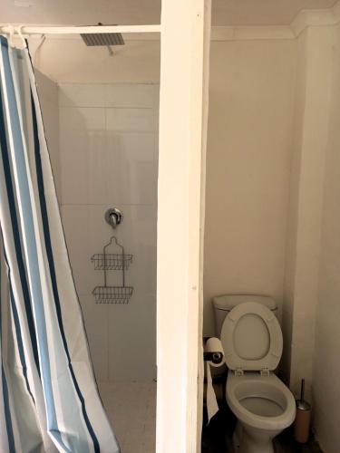 a bathroom with a toilet with a shower curtain at Ocean Walk Garrick in Zinkwazi Beach