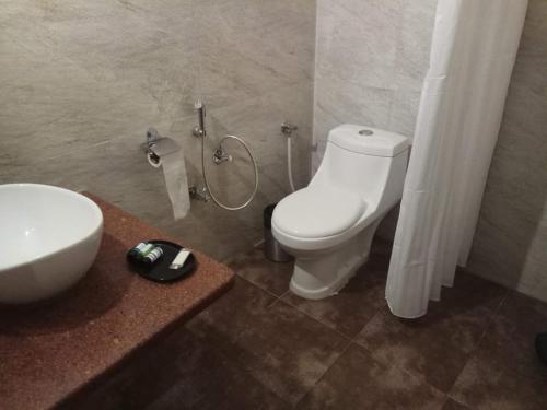 y baño con aseo blanco y lavamanos. en Hotel Third Eye, en Pushkar