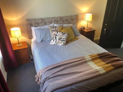 a bedroom with a bed with pillows and two lamps at Farmhouse on the Cradle Coast Forth in Forth