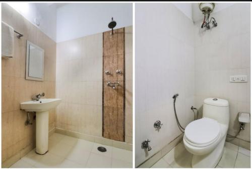 twee foto's van een badkamer met toilet en wastafel bij Hotel Global Radiance Stay Near Delhi Airport in New Delhi