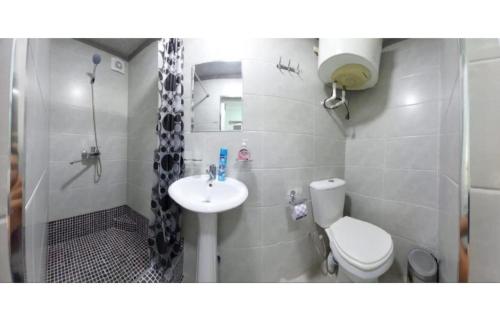uma casa de banho com um lavatório, um WC e um chuveiro em Aisha Registan em Samarkand