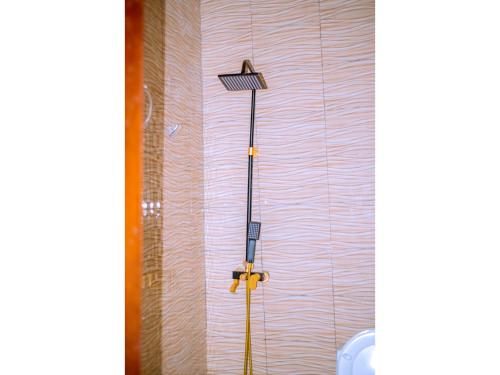 a broom in a bathroom next to a toilet at Planete Hotel in Rubavu