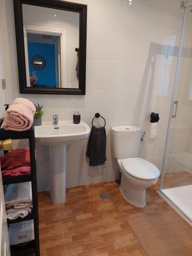 y baño con aseo, lavabo y espejo. en Chic Home Tropical beach Motril with garage en Motril