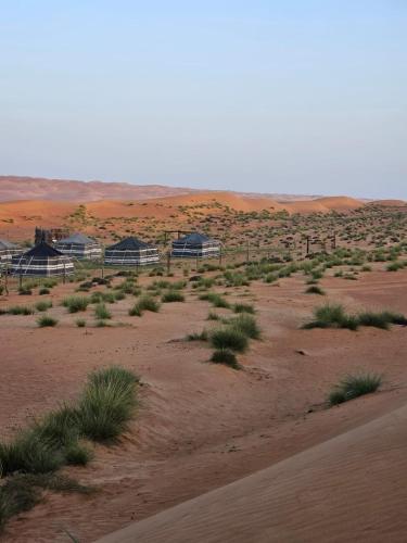 a desert with houses in the middle of a field at Endless Dunes Camp in Bidiyah