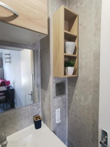 une salle de bain avec un lavabo et un miroir dans l'établissement le cosy du beau lieu immozen 46, à Beaulieu-sur-Dordogne