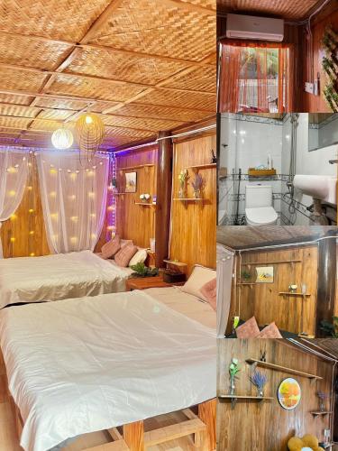 um quarto com duas camas e um lavatório. em Mộc Home em Cu Lao Thu