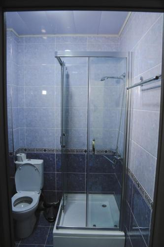 a bathroom with a toilet and a glass shower at Гостиница Тумор in Shahrisabz