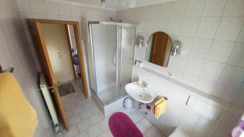 a bathroom with a shower and a sink at Ferienhof Obermaier in Bad Birnbach