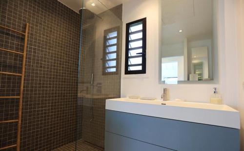 uma casa de banho com um lavatório e uma cabina de duche em vidro. em Luxury Vacation Villa 14 em Anse des Cayes
