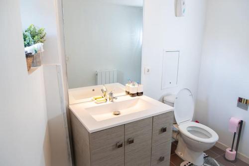 a bathroom with a white sink and a toilet at Charmante ancienne grange in Villevaudé