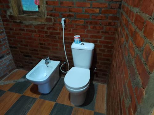 a bathroom with a toilet and a sink in a brick wall at Hotel Vinchenso in Kaduwela