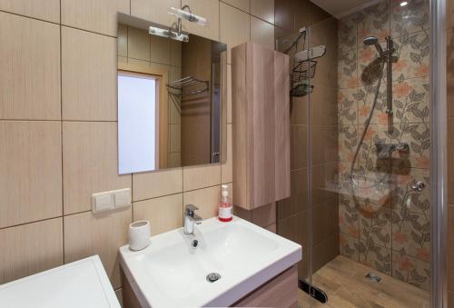 een badkamer met een wastafel en een douche bij LeConte in Druskininkai