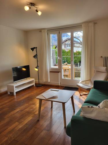- un salon avec un canapé vert et une table basse dans l'établissement Interlaken Apartments, à Interlaken