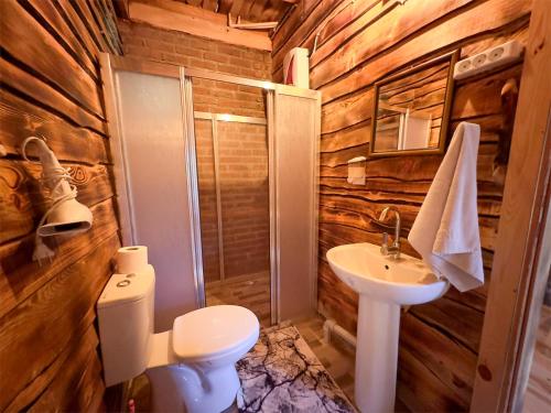 a wooden bathroom with a toilet and a sink at Aynştayn Chalet in İznik