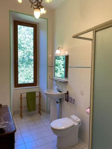 une salle de bain avec toilettes et lavabo dans l'établissement Domaine de Linars ☆ L'Étage du Château ☆, à Le Truel