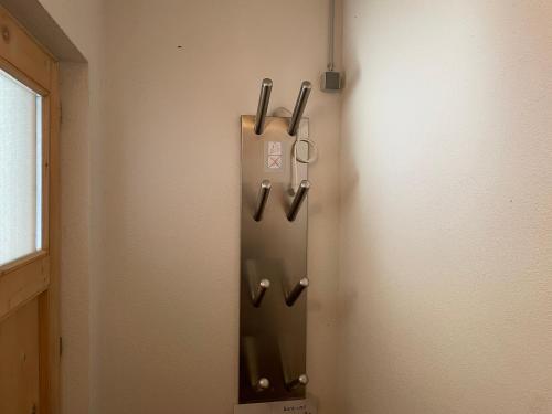 a wall with three hooks on a wall at Apart Alpenview in Umhausen