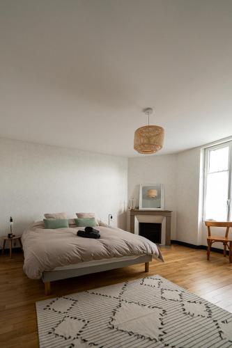une chambre blanche avec un lit et une cheminée dans l'établissement La maison Janisse - gîte en centre-ville avec jardin, à Limoges