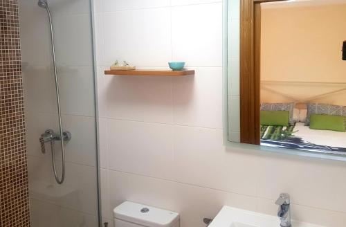 y baño con ducha, lavabo y espejo. en Casa Rural Basaula, en Muneta