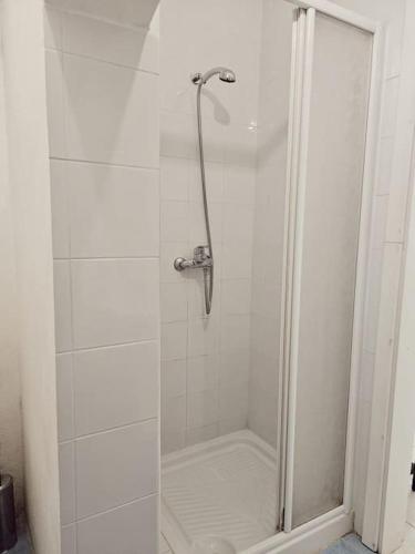 a shower with a glass door in a bathroom at Charming Senglea Studio in Senglea