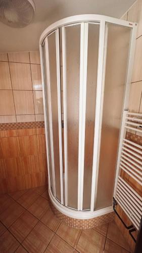y baño con ducha y puerta de cristal. en Penzion a restaurace U Šidlů 
