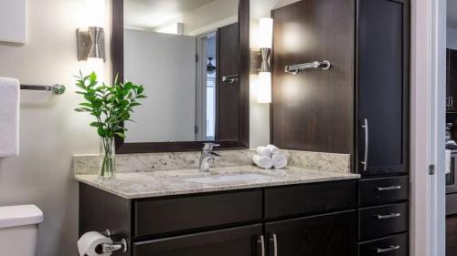 a bathroom with a sink and a mirror at Downtown Dallas CozySuites with roof pool, gym #2 in Dallas