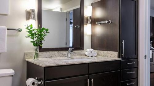 a bathroom with a sink and a mirror at Bold CozySuites with pool, gym, roof #6 in Dallas