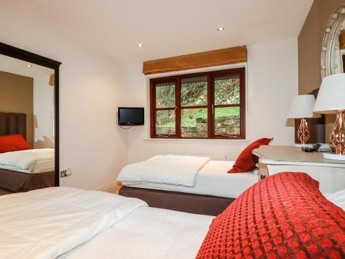 a bedroom with two beds and a mirror at Lodge 22 Cherry in Wadebridge