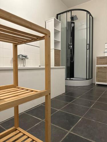 a bathroom with a shower and a tiled floor at Au coron des Anges - Havré - Mons - Pairi Daiza - Shape in Mons