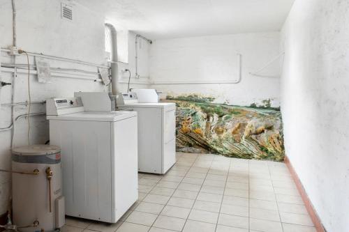 a laundry room with three washes and a painting on the wall at Boutique 2-Bed with Stunning Sydney Harbour Views in Sydney