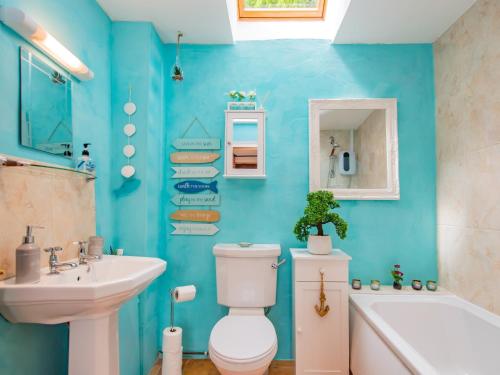 a blue bathroom with a toilet and a sink at 1 Bed in Narberth 77692 in New Moat