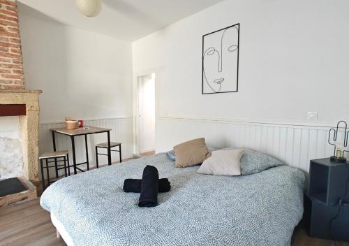 una camera da letto con un letto con un cappello sopra di Studio entier proche des commerces - 1 à 2 pers - a Langon