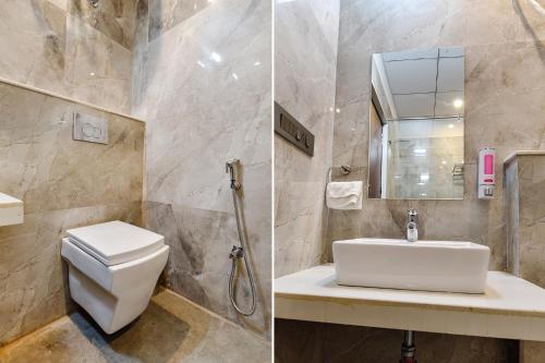 two pictures of a bathroom with a toilet and a sink at FabHotel Pravaasam Residency in Jaipur