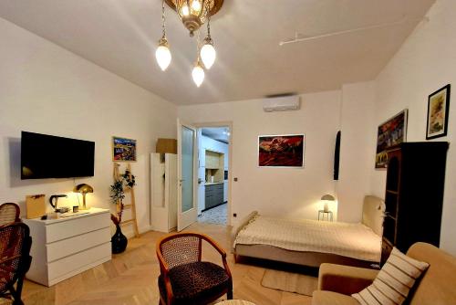 ein Schlafzimmer mit einem Bett und einem TV in einem Zimmer in der Unterkunft Charming Apartman in Budapest