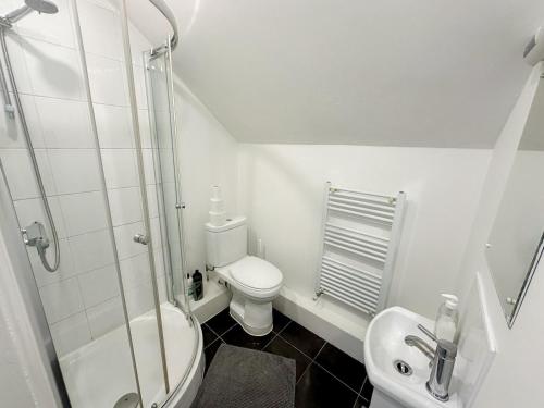 y baño con ducha, aseo y lavamanos. en Lovely 3 bedroom maisonette with private roof terrace in Hammersmith, en Londres
