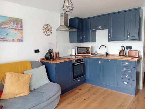 a kitchen with blue cabinets and a couch in a room at Hill House Lodge in Stoke Gabriel