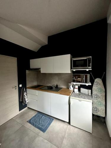 a kitchen with white cabinets and a microwave at Studio tout équipé aux pieds des Vosges in Leimbach