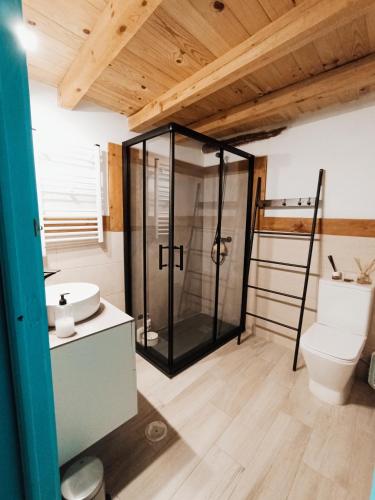 a bathroom with a glass shower and a toilet at La Cabaña del Risco in Ligos