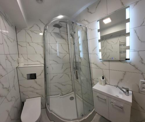 a bathroom with a shower and a toilet and a sink at ApartHotel8 in Bystrzyca Kłodzka