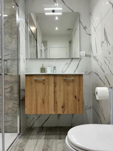 een badkamer met een wastafel, een toilet en een spiegel bij San Peter Vale House in Rome