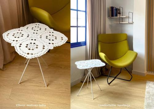 a table and a chair in a room at Inspirational apartment - to rest & to work in Alcalá