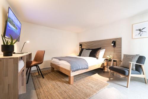 a bedroom with a bed and a desk and a tv at Grubenmann Appartements - Sankt Gallen Town in St. Gallen