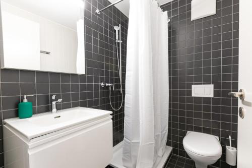 La salle de bains est pourvue de toilettes, d'un lavabo et d'une douche. dans l'établissement Grubenmann Appartements - Sankt Gallen Town, à Saint-Gall